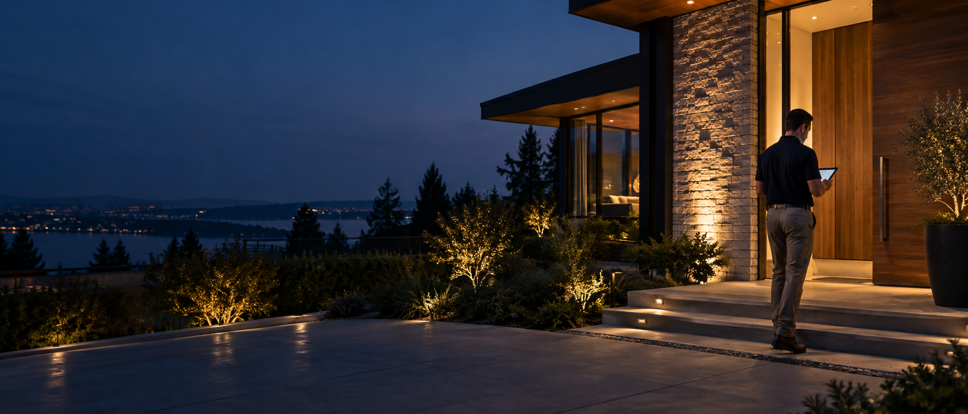 Service professional using a tablet outside a refined modern home at dusk