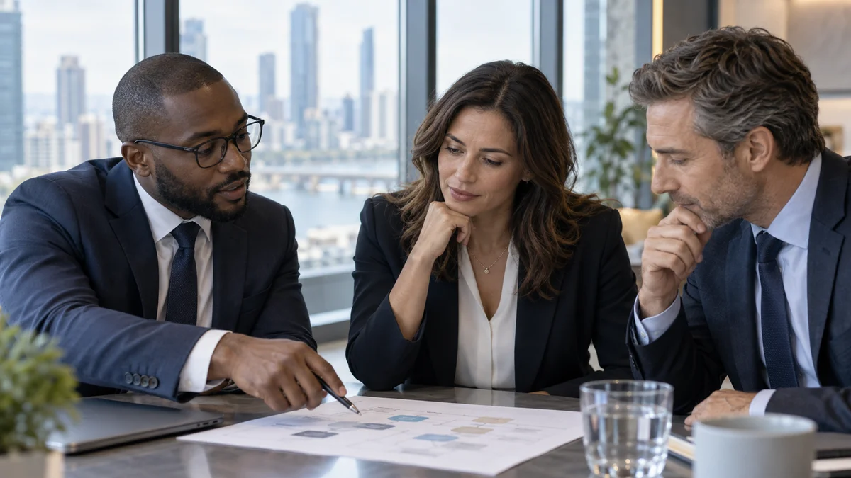 Illustrative business leaders reviewing a workflow together